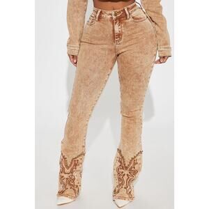 NWT Fashion Nova Letting It Ride Stretch Embellished Flare Jeans Brown 14 Plus
